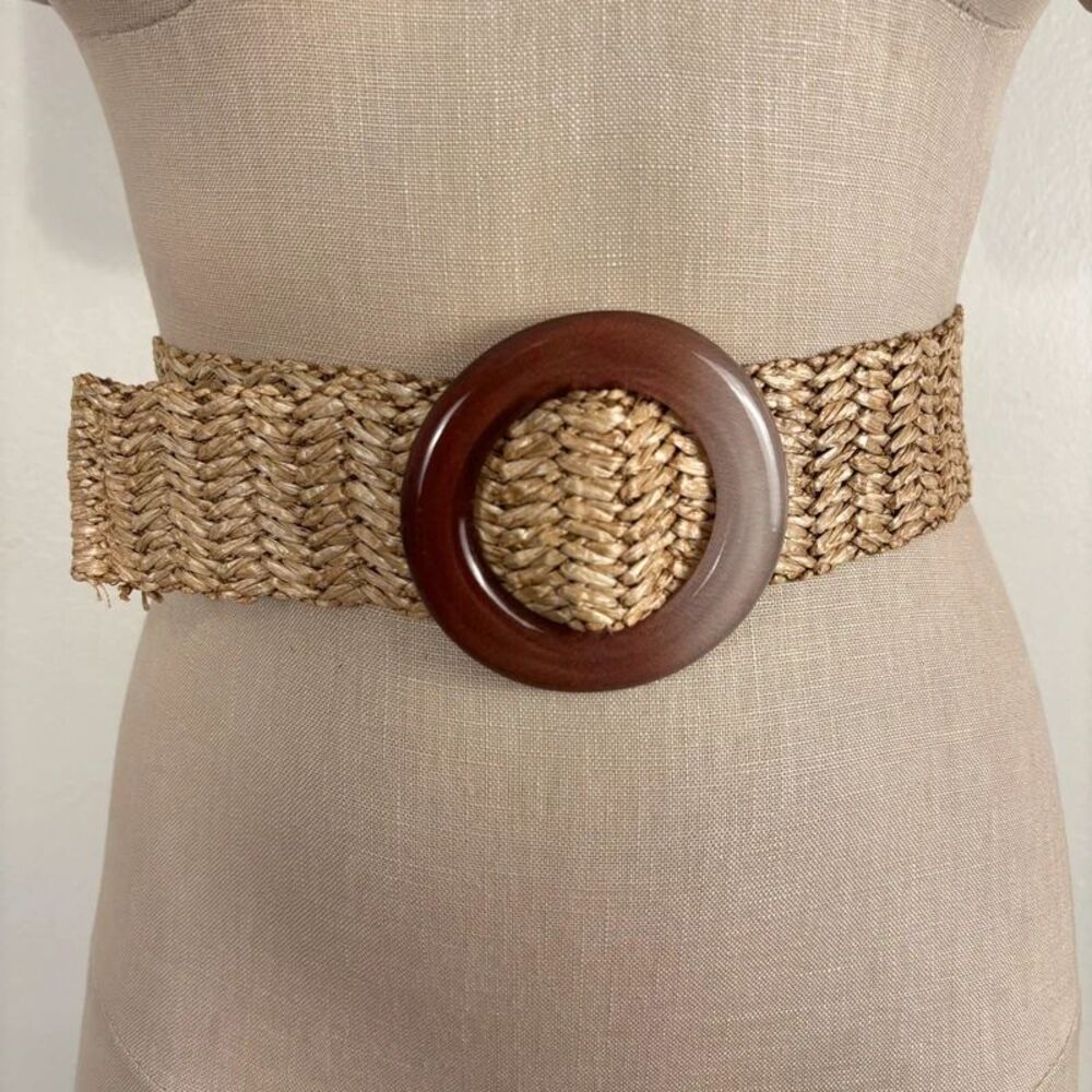 Woven Straw Belt Natural Tan Round Resin Buckle Stretch Bohemian Cinch
